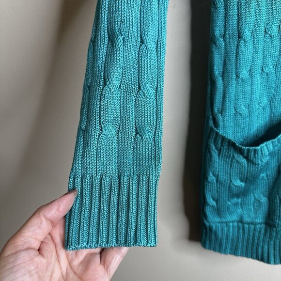 RALPH Lauren Black Label 100% silk Green Blue Cable Knit V Neck Cardigan Small - Picture 3 of 13